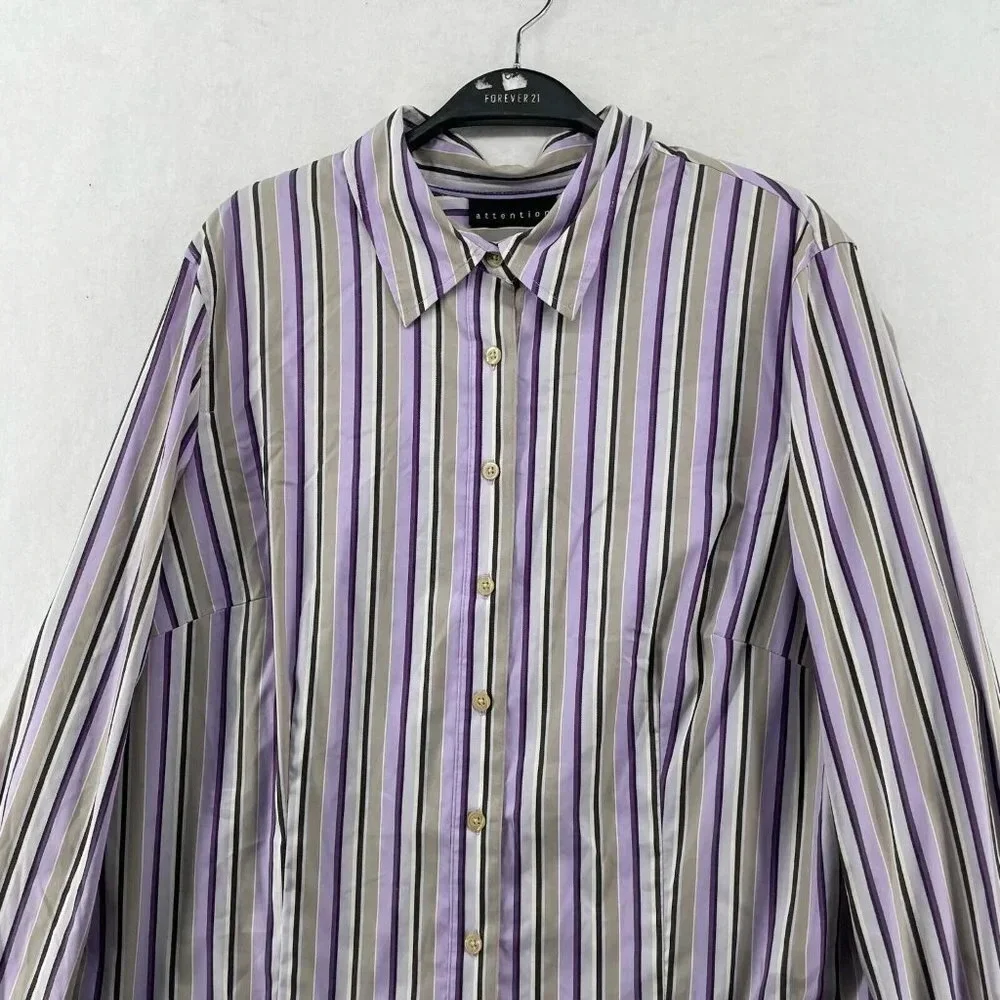 Attention Button-Up Shirt Women's Sz XL Purple Brown Striped Collared Stretch - Picture 6 of 12